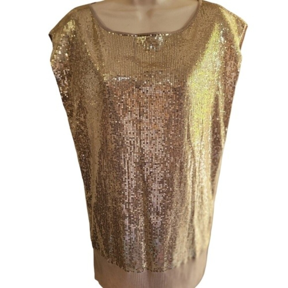 Caché Champagne/Nude Sequins Boat Neck Blouse Size Small